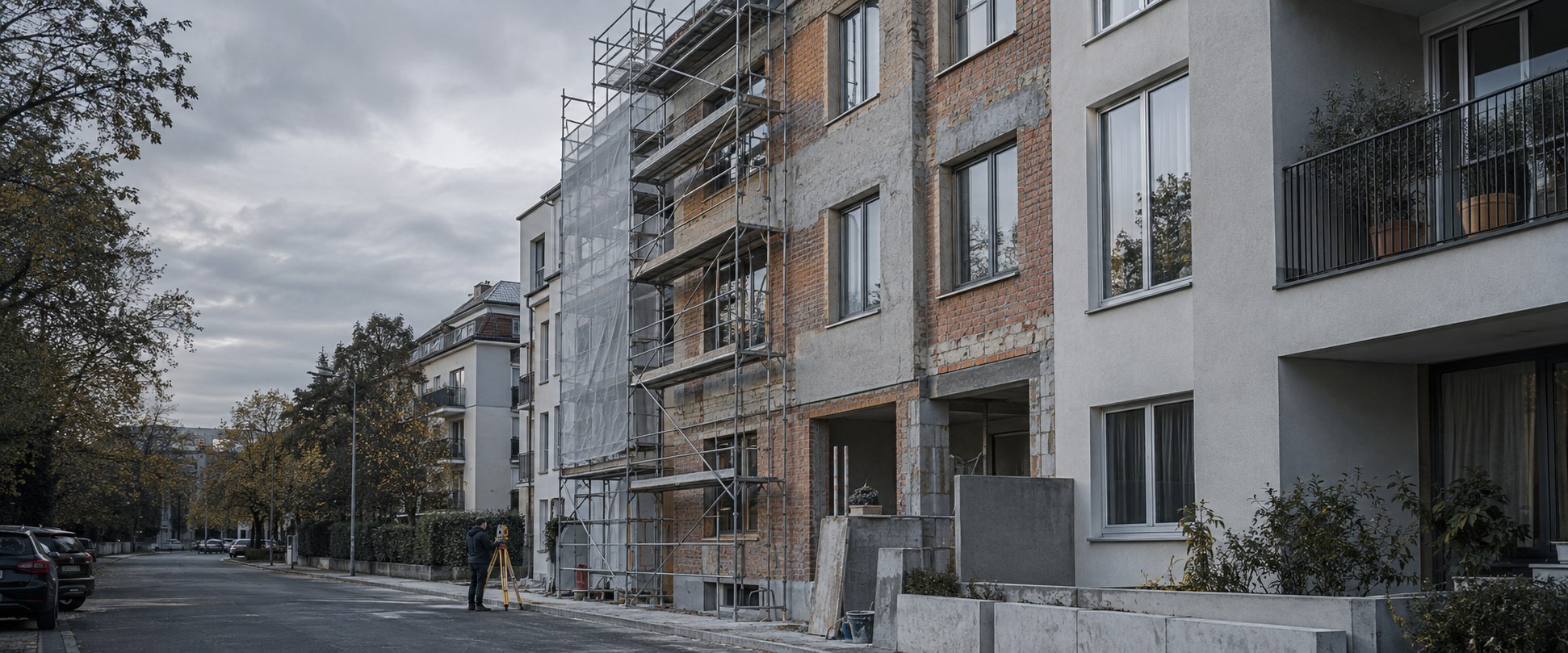 Bestandsgebäude während einer Aufmaß- und Umbauplanung